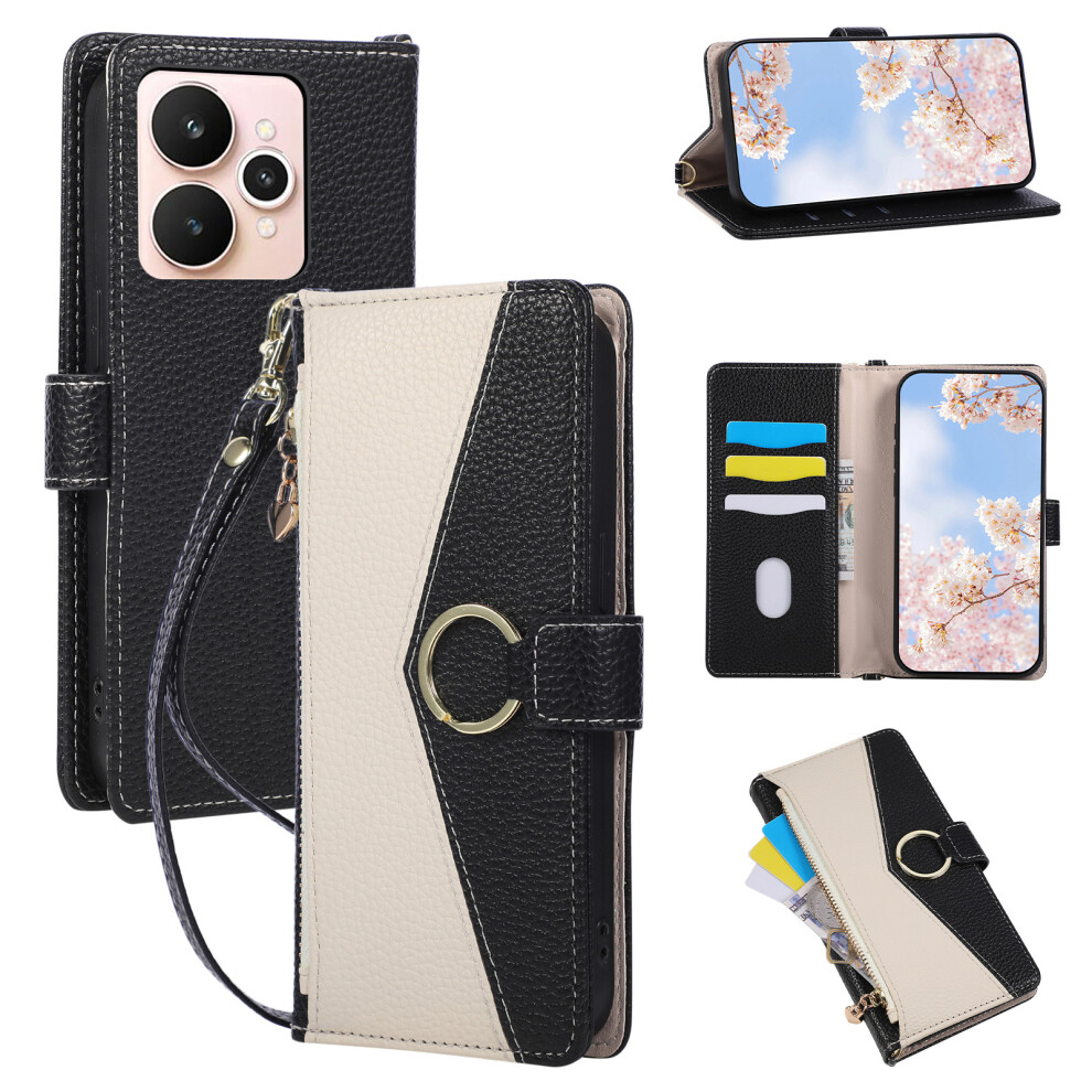 (Black) For Realme 15 5G Wallet Case Triangular Splicing Zipper Leather Flip Cover With Wrist Strap Black 6914290493326