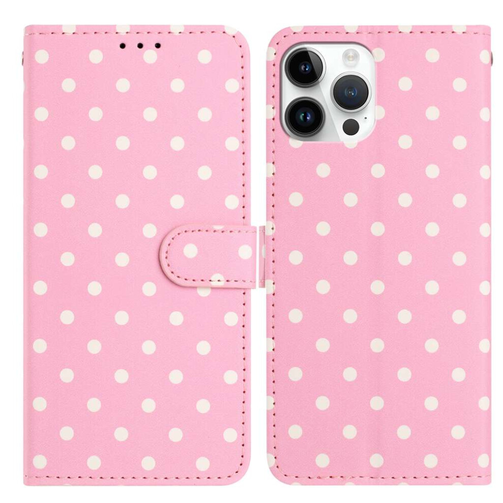 (Pink) For Iphone 13 Pro Leather Case Polka Dot Pattern Wallet Stand Folio Phone Cover Pink 6914295537148