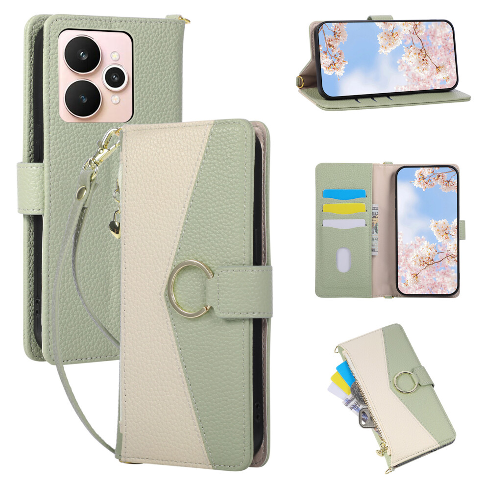(Green) For Realme 15 5G Wallet Case Triangular Splicing Zipper Leather Flip Cover With Wrist Strap Green 6914290897933