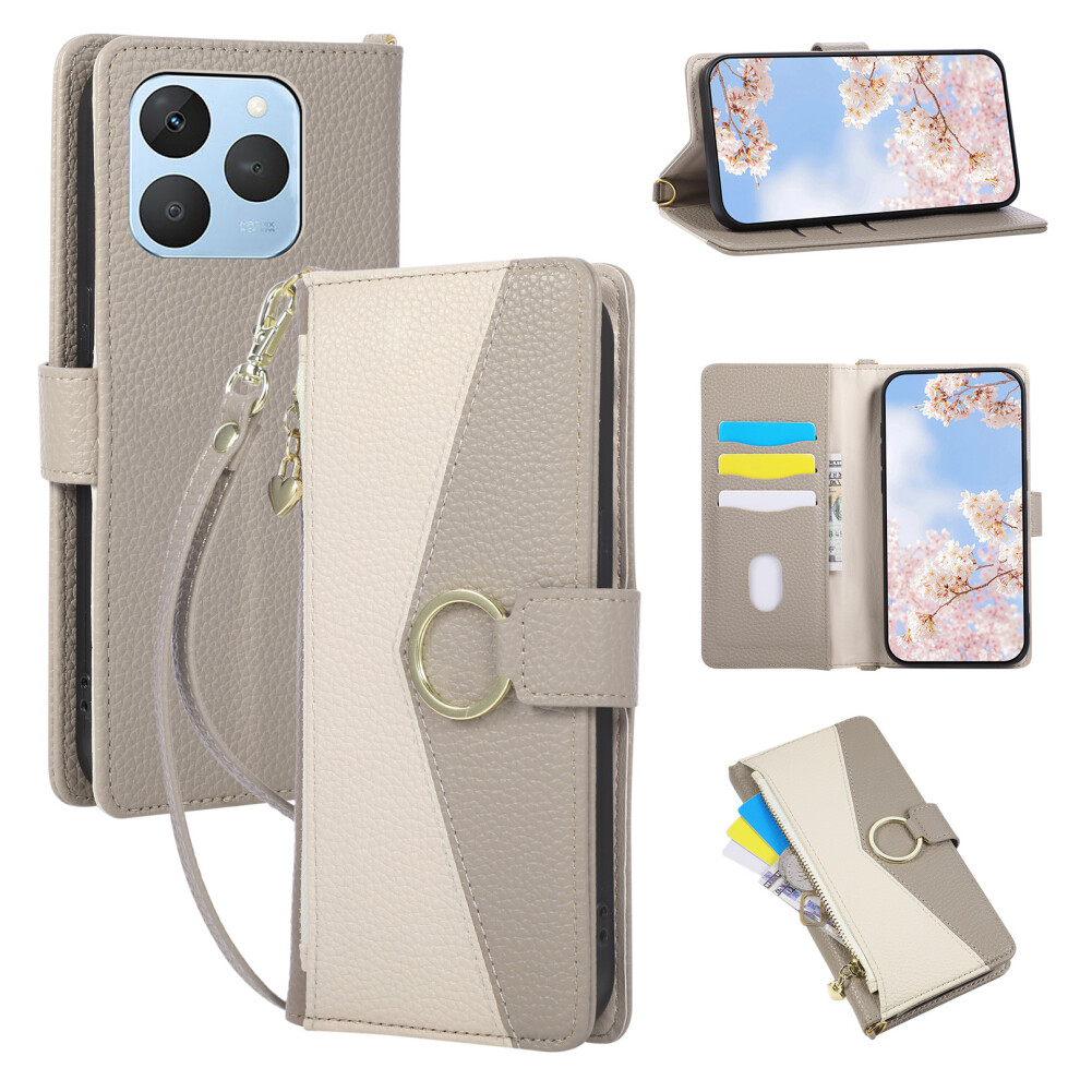 (Grey) For Realme 15T 5G Wallet Case Triangular Splicing Zipper Leather Flip Cover With Wrist Strap Grey 6914290178698