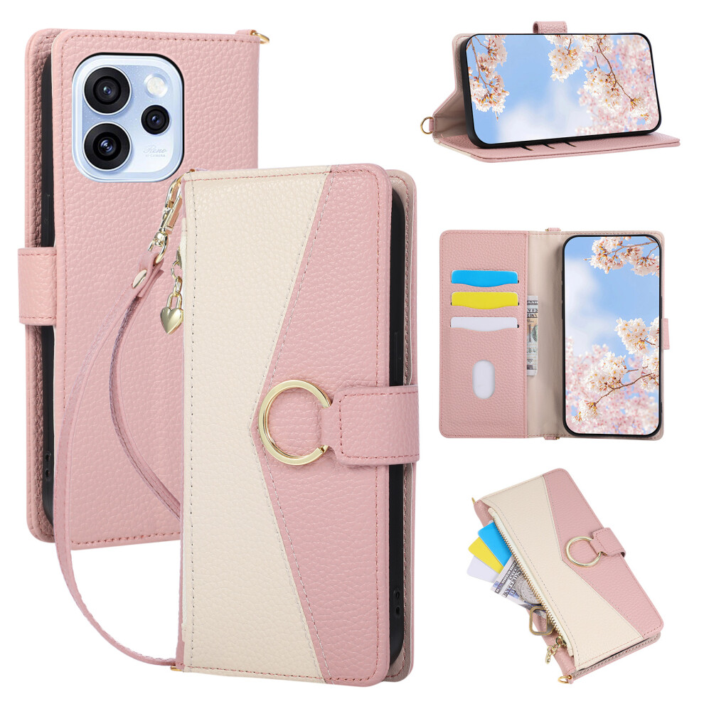 (Pink) Wallet Case For Oppo Reno15 Pro 5G (Global) / Reno15 5G (China) Triangular Splicing Zipper Leather Flip Cover With Wrist Pink 6914298193822