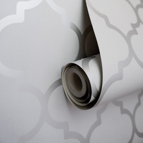 Grey Silver Trellis Wallpaper Metallic Shimmer Feature Wall 1