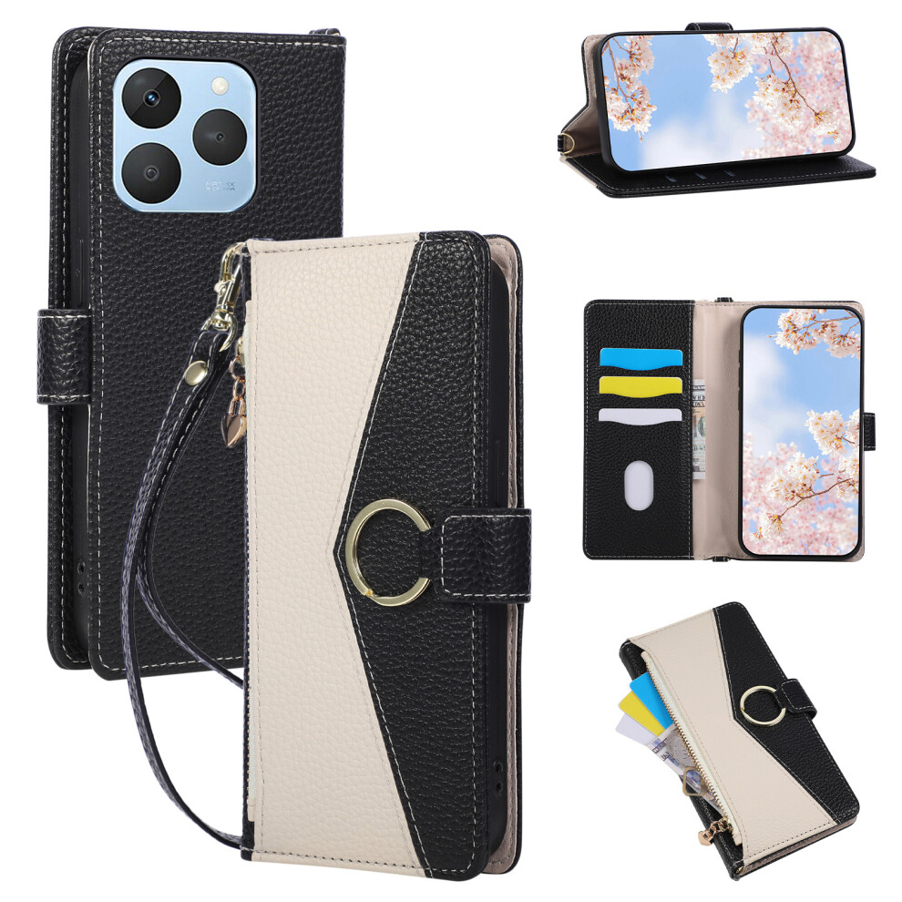 (Black) For Realme 15T 5G Wallet Case Triangular Splicing Zipper Leather Flip Cover With Wrist Strap Black 6914296537727