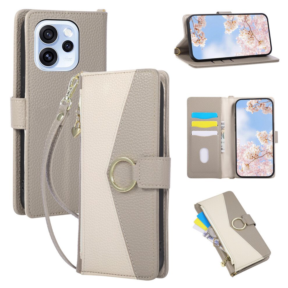 (Grey) Wallet Case For Oppo Reno15 Pro 5G (Global) / Reno15 5G (China) Triangular Splicing Zipper Leather Flip Cover With Wrist Grey 6914297031248
