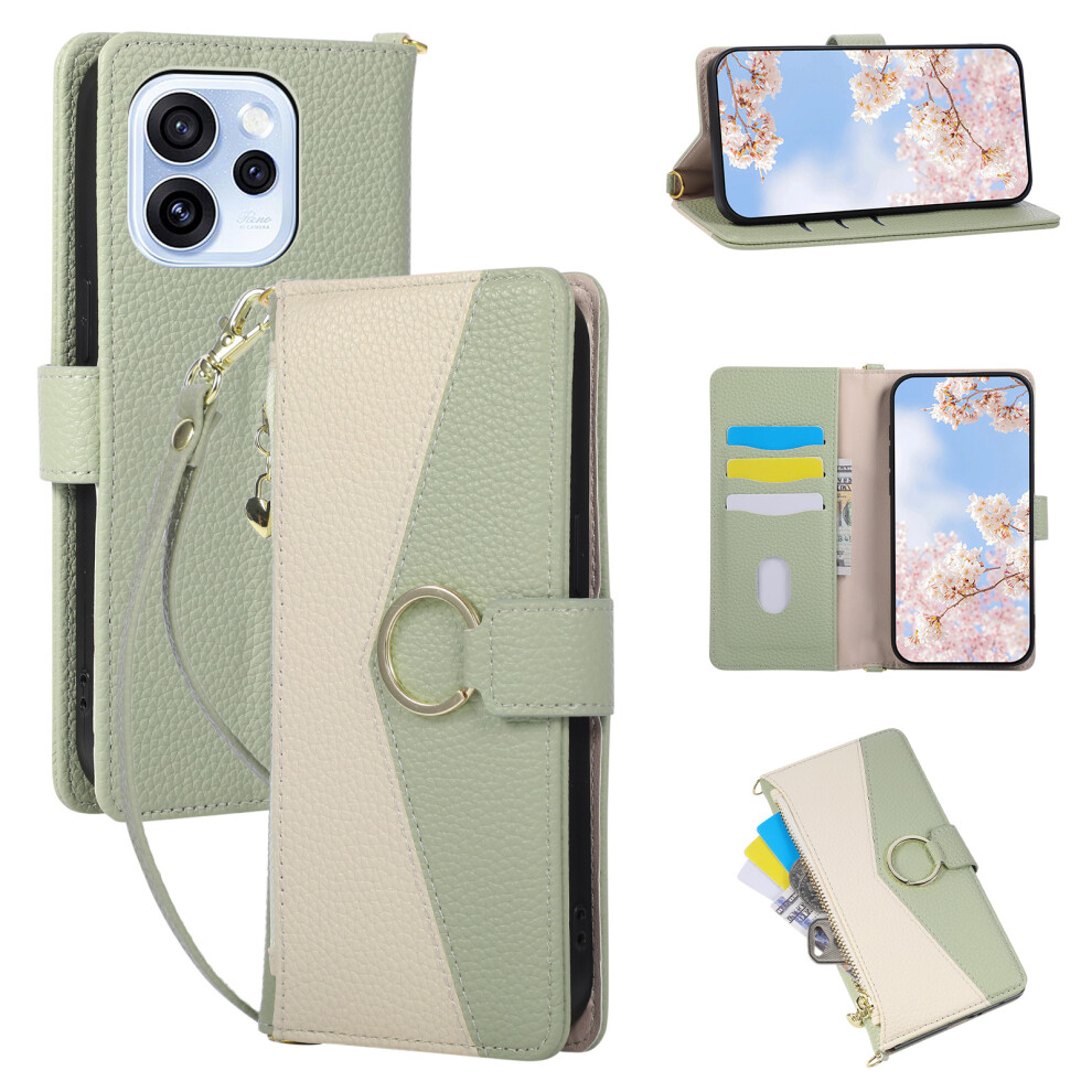 (Green) Wallet Case For Oppo Reno15 Pro 5G (Global) / Reno15 5G (China) Triangular Splicing Zipper Leather Flip Cover With Wrist Green 6914297321776