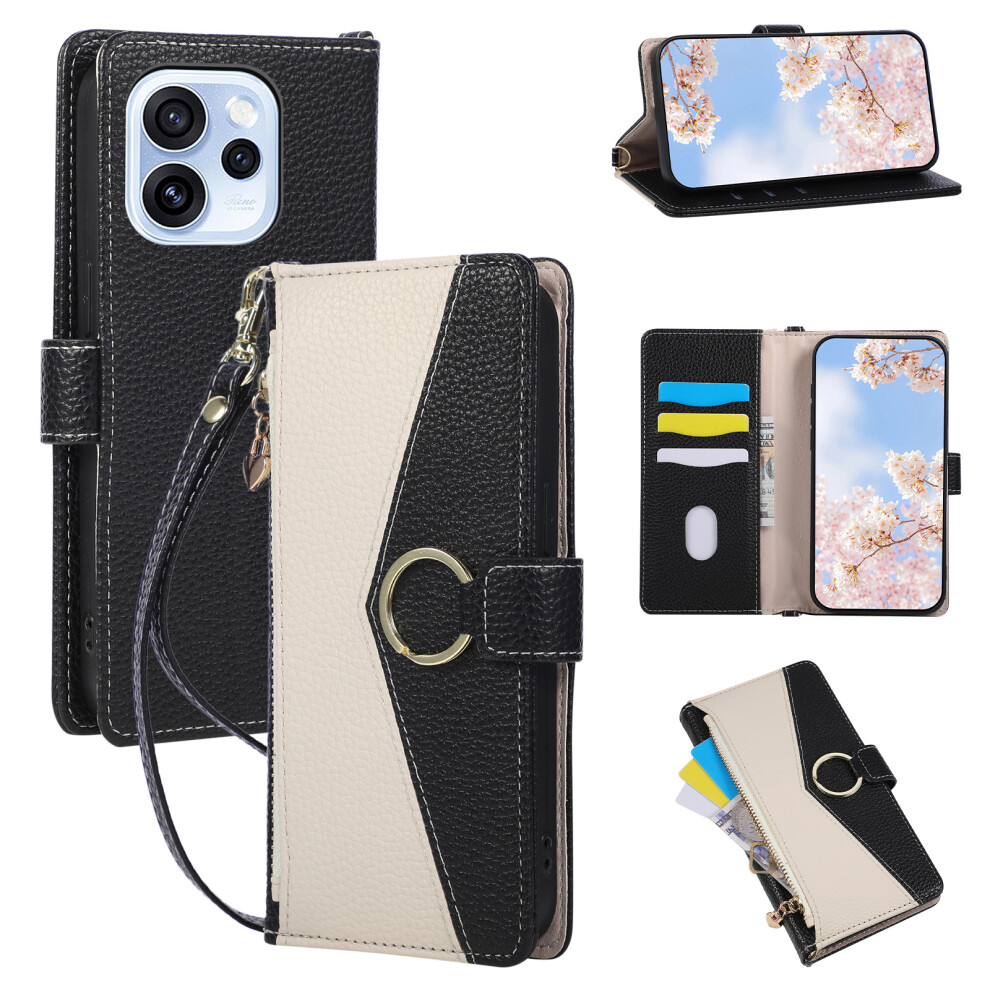 (Black) Wallet Case For Oppo Reno15 Pro 5G (Global) / Reno15 5G (China) Triangular Splicing Zipper Leather Flip Cover With Wrist Black 6914291540661