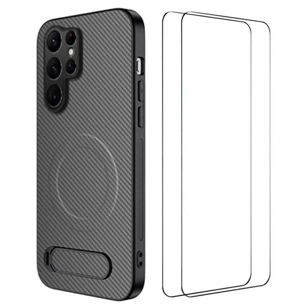 (Grey) Wanlonfeng For Samsung Galaxy S25 Ultra Magnetic Case With 2Pcs Tempered Glass Films Qt1 Series Kickstand Carbon Fiber Grey 6914292744907