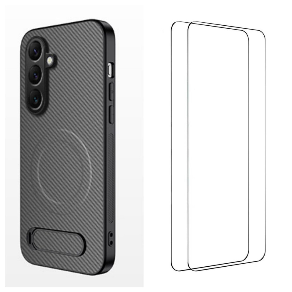 (Grey) Wanlonfeng For Samsung Galaxy S25+ Magnetic Case With 2Pcs Tempered Glass Films Qt1 Series Kickstand Carbon Fiber Textu Grey 6914292117541
