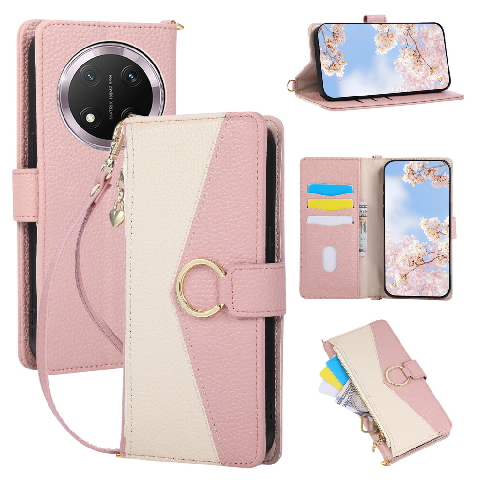 (Pink) Wallet Case For Honor Magic7 Lite 5G / X9c 5G / X60 Pro 5G Triangular Splicing Zipper Leather Flip Cover With Wrist Stra Pink 6914290876808