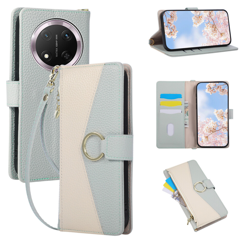 (Blue) Wallet Case For Honor Magic7 Lite 5G / X9c 5G / X60 Pro 5G Triangular Splicing Zipper Leather Flip Cover With Wrist Stra Blue 6914290404087