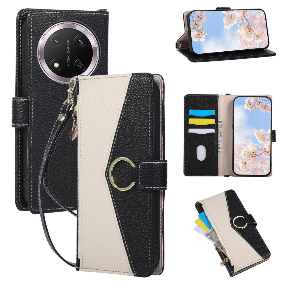 (Black) Wallet Case For Honor Magic7 Lite 5G / X9c 5G / X60 Pro 5G Triangular Splicing Zipper Leather Flip Cover With Wrist Stra Black 6914292137037