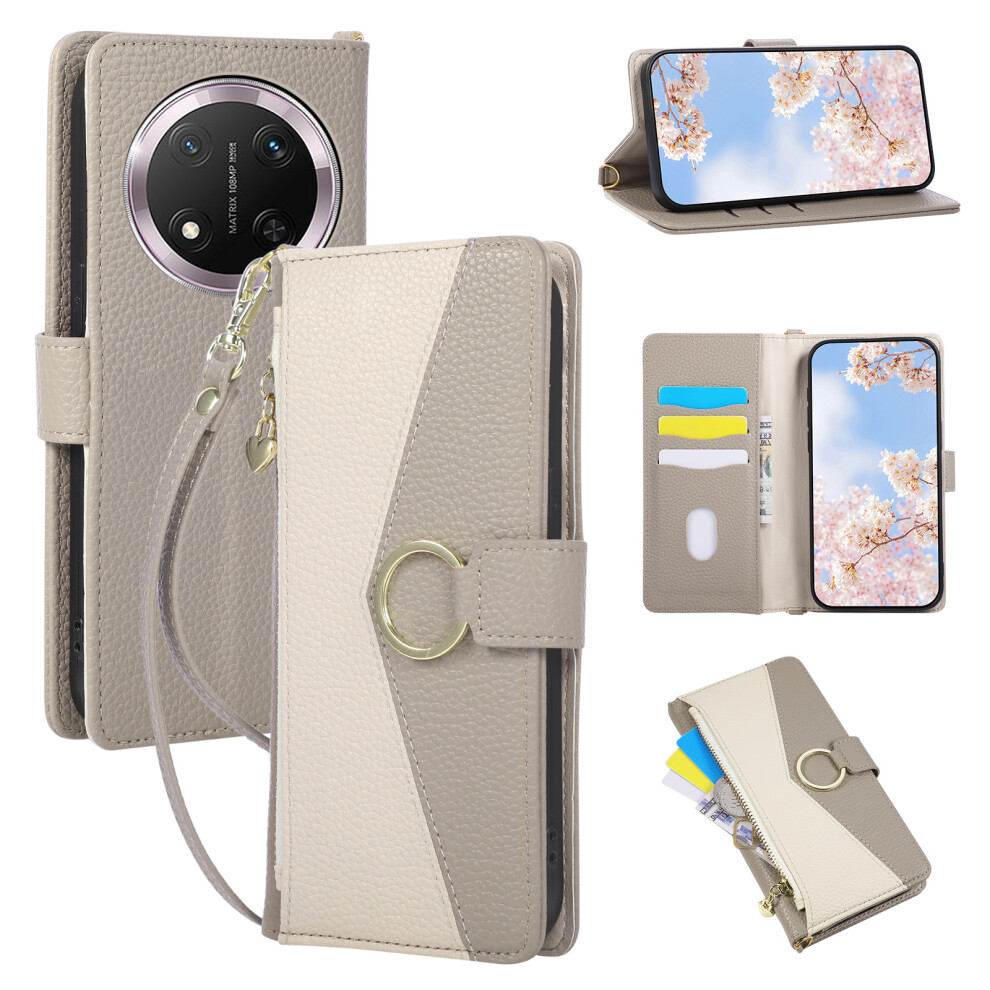 (Grey) Wallet Case For Honor Magic7 Lite 5G / X9c 5G / X60 Pro 5G Triangular Splicing Zipper Leather Flip Cover With Wrist Stra Grey 6914292828652