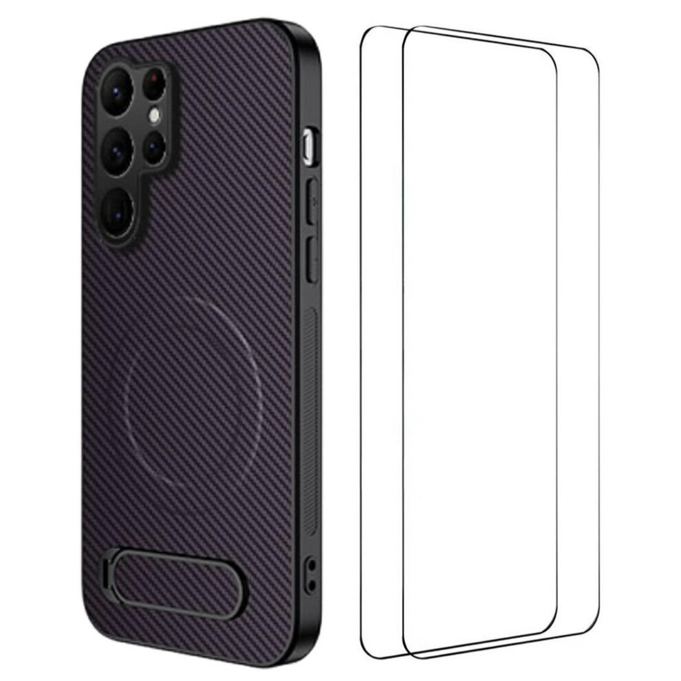 (Purple) Wanlonfeng For Samsung Galaxy S25 Ultra Magnetic Case With 2Pcs Tempered Glass Films Qt1 Series Kickstand Carbon Fiber Purple 6914294211117
