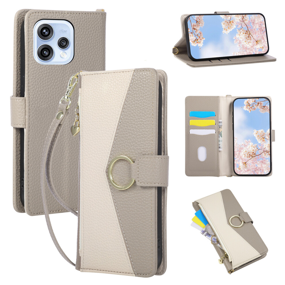 (Grey) Wallet Case For Oppo Reno15 5G (Global) / Reno15c 5G (China) Triangular Splicing Zipper Leather Flip Cover With Wrist St Grey 6914291217747