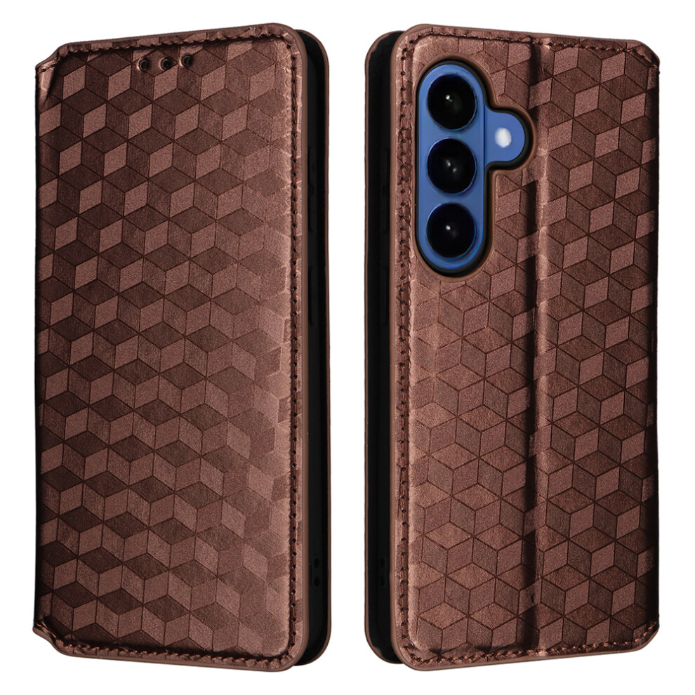 (Brown) For Samsung Galaxy S26+ Case Wallet Rhombus Imprinted Pu Leather Phone Cover Brown 6914292208362
