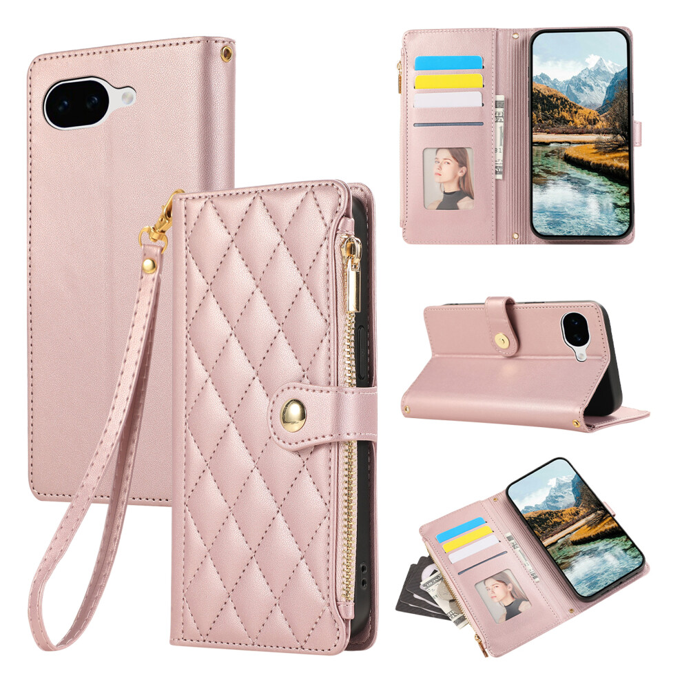 (Rose ) Phone Case For Google Pixel 10A Multi Card Slots Zipper Rhombus Leather Cover With Wrist Strap Gold 6914295162579