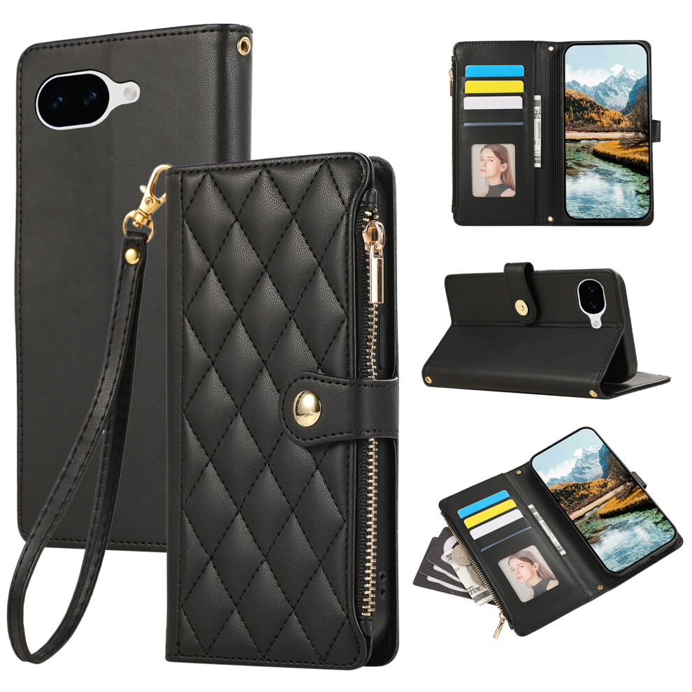 (Black) Phone Case For Google Pixel 10A Multi Card Slots Zipper Rhombus Leather Cover With Wrist Strap Black 6914294249721