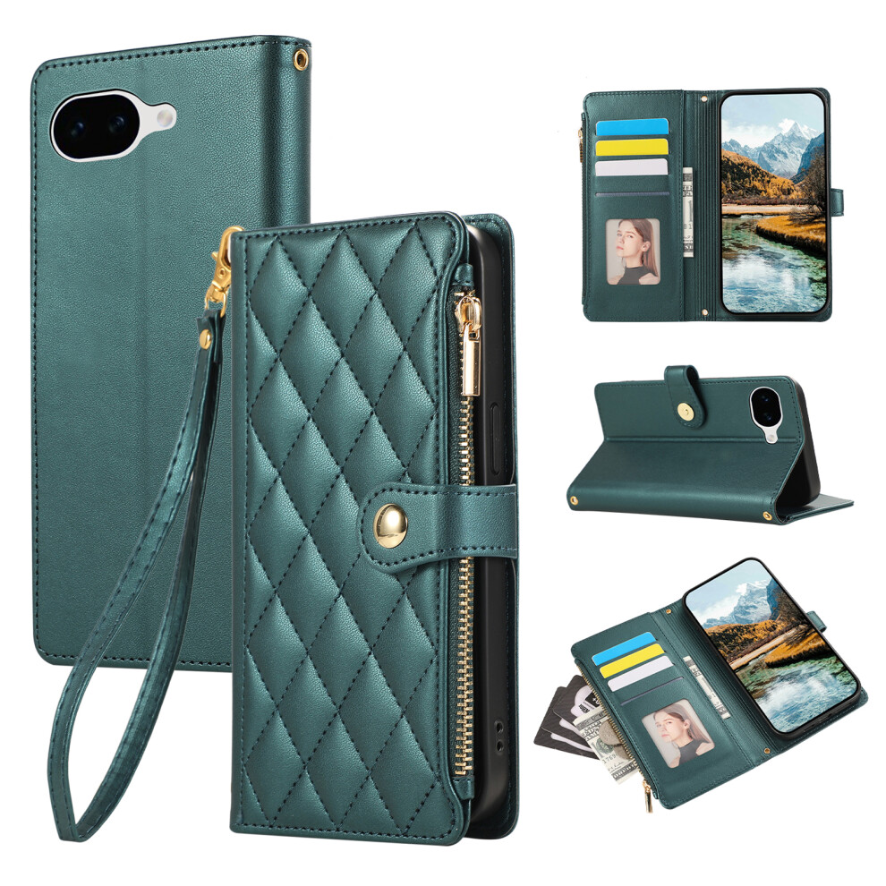 (Green) Phone Case For Google Pixel 10A Multi Card Slots Zipper Rhombus Leather Cover With Wrist Strap Green 6914299313441