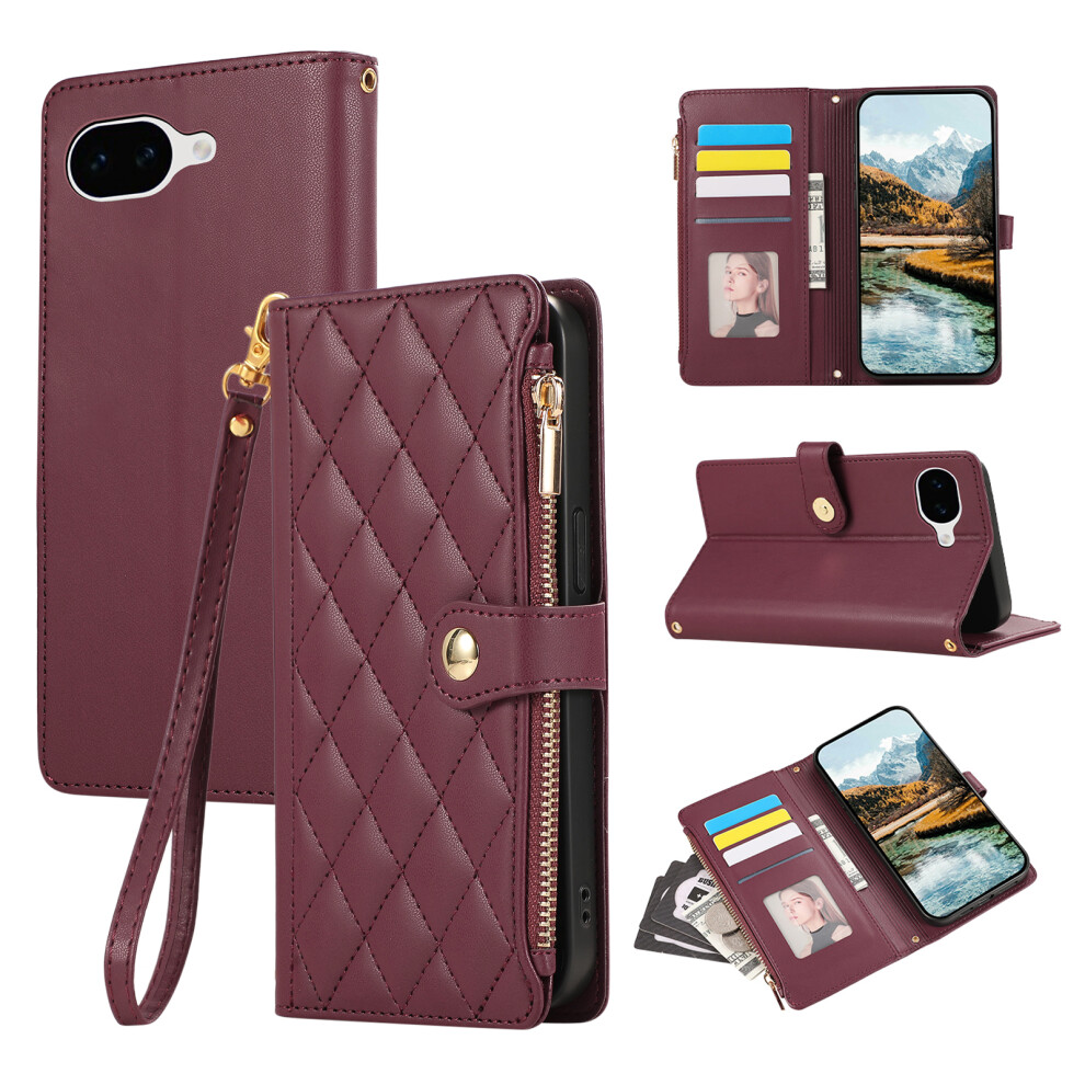 (Wine ) Phone Case For Google Pixel 10A Multi Card Slots Zipper Rhombus Leather Cover With Wrist Strap Red 6914297028682