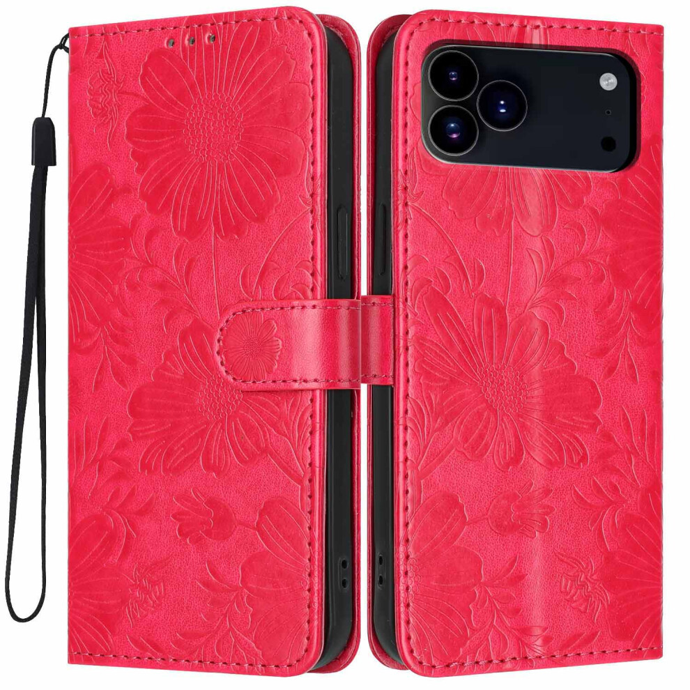 (Red) For Iphone 17 Pro Wallet Case Imprint Floral Pu Leather Stand Flip Phone Cover With Wrist Strap Red 6914299448297