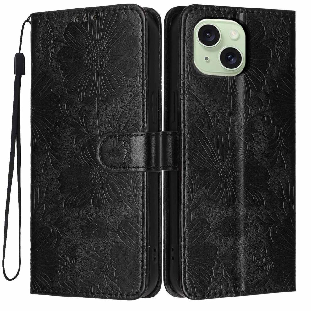 (Black) For Iphone 15 Wallet Case Imprint Floral Pu Leather Stand Flip Phone Cover With Wrist Strap Black 6914295855891