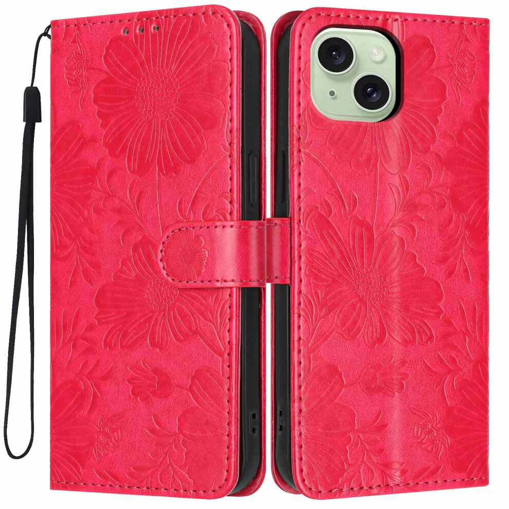 (Red) For Iphone 15 Wallet Case Imprint Floral Pu Leather Stand Flip Phone Cover With Wrist Strap Red 6914296932485