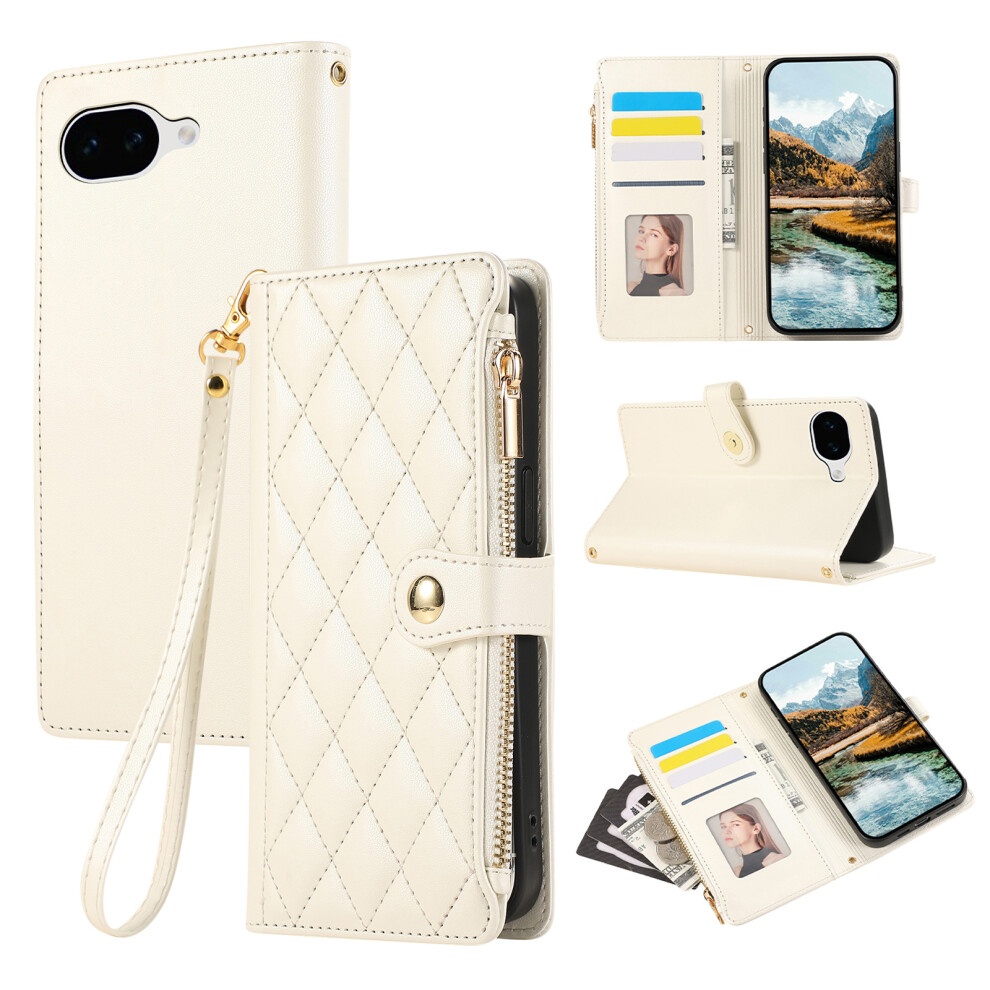 (Beige) Phone Case For Google Pixel 10A Multi Card Slots Zipper Rhombus Leather Cover With Wrist Strap Cream 6914295480758