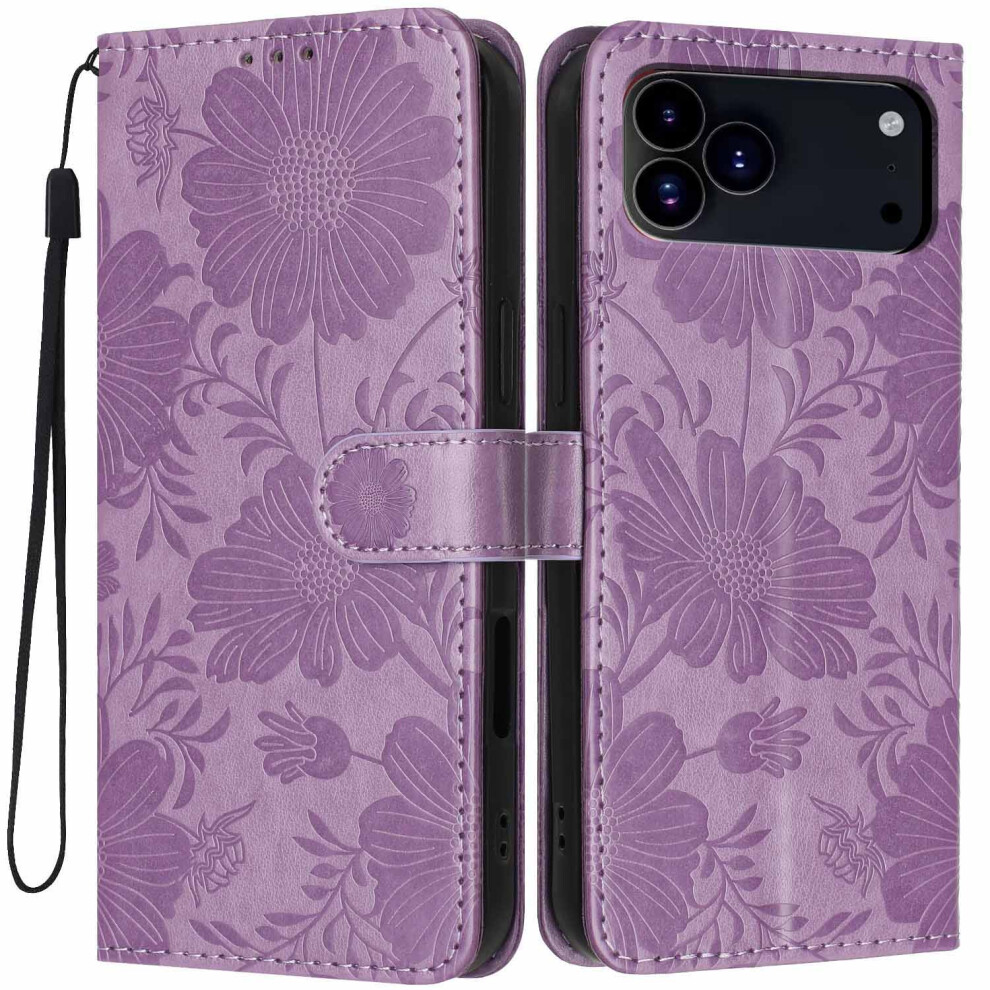 (Purple) For Iphone 17 Pro Wallet Case Imprint Floral Pu Leather Stand Flip Phone Cover With Wrist Strap Purple 6914291826277