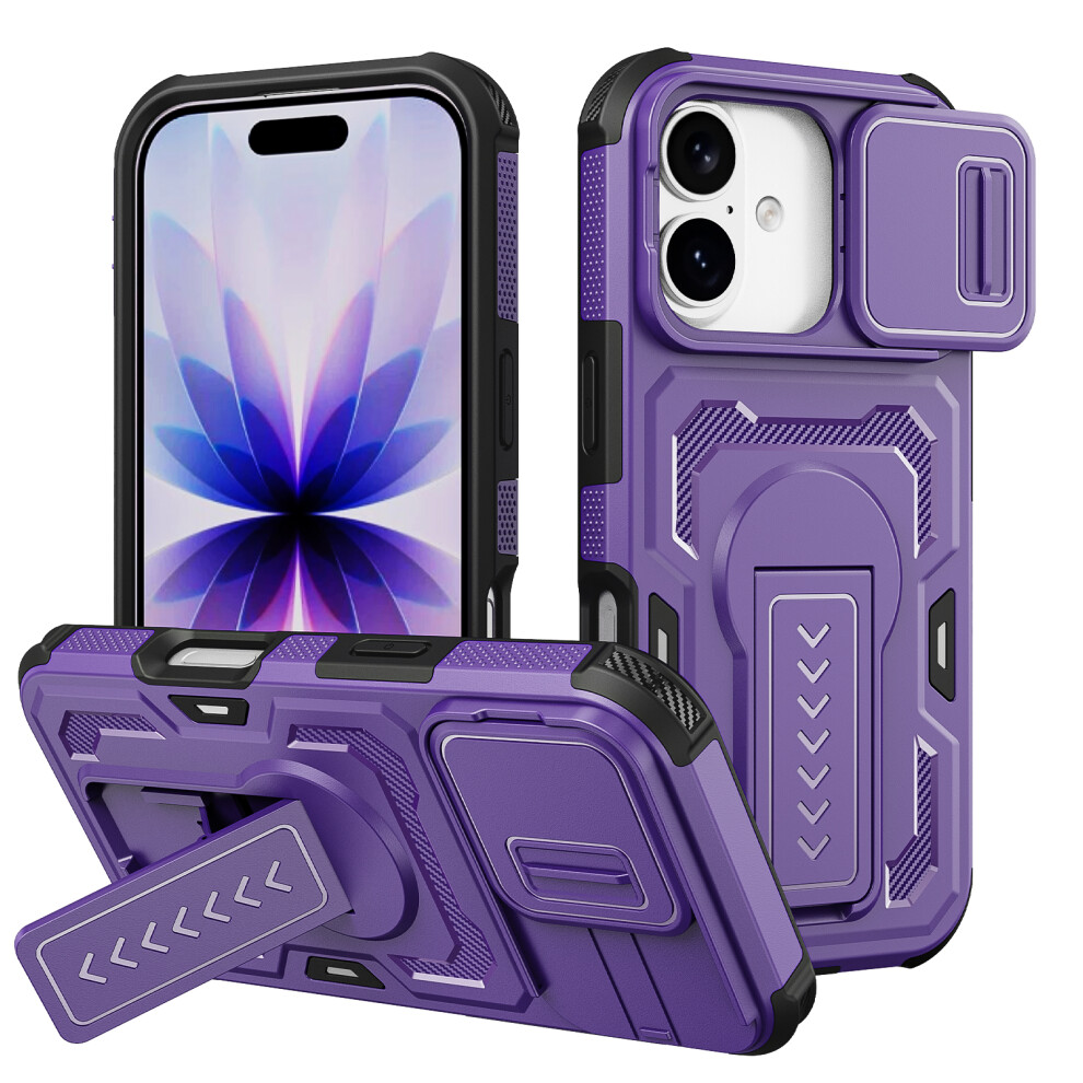 (Purple) For Iphone 17 / 16 Pro Case Slide Lens Shield Pc + Tpu Kickstand Phone Cover Purple 6914292415739