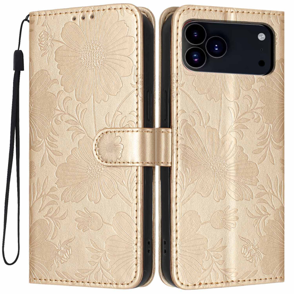 (Gold) For Iphone 17 Pro Wallet Case Imprint Floral Pu Leather Stand Flip Phone Cover With Wrist Strap Gold 6914299095590