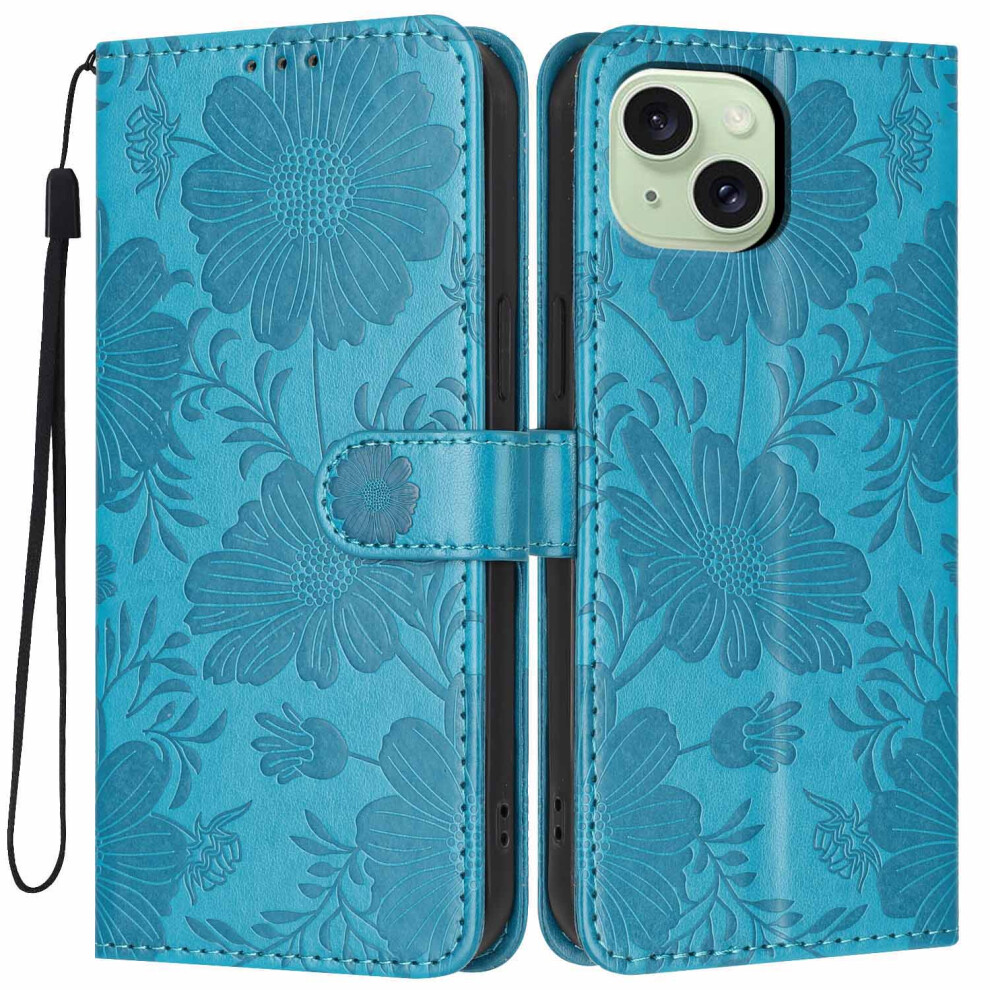 (Blue) For Iphone 15 Wallet Case Imprint Floral Pu Leather Stand Flip Phone Cover With Wrist Strap Blue 6914298063491