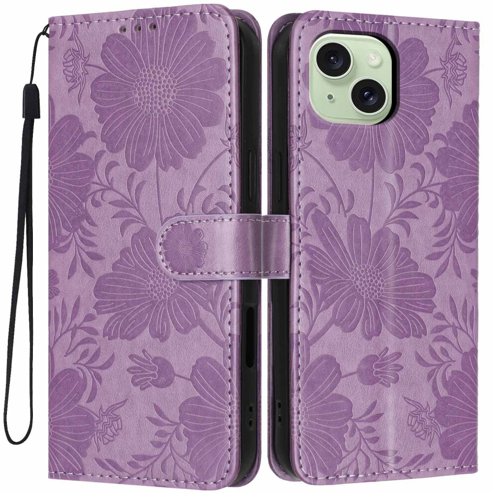 (Purple) For Iphone 15 Wallet Case Imprint Floral Pu Leather Stand Flip Phone Cover With Wrist Strap Purple 6914299978176