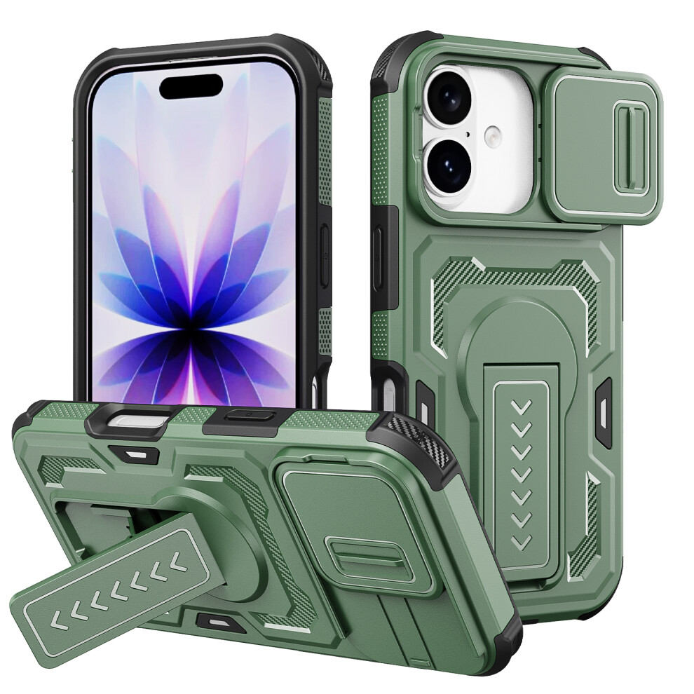 (Green) For Iphone 17 / 16 Pro Case Slide Lens Shield Pc + Tpu Kickstand Phone Cover Green 6914291886356