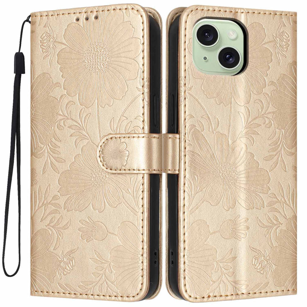 (Gold) For Iphone 15 Wallet Case Imprint Floral Pu Leather Stand Flip Phone Cover With Wrist Strap Gold 6914297250656