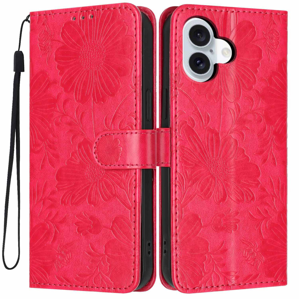 (Red) For Iphone 16 Wallet Case Imprint Floral Pu Leather Stand Flip Phone Cover With Wrist Strap Red 6914294860353