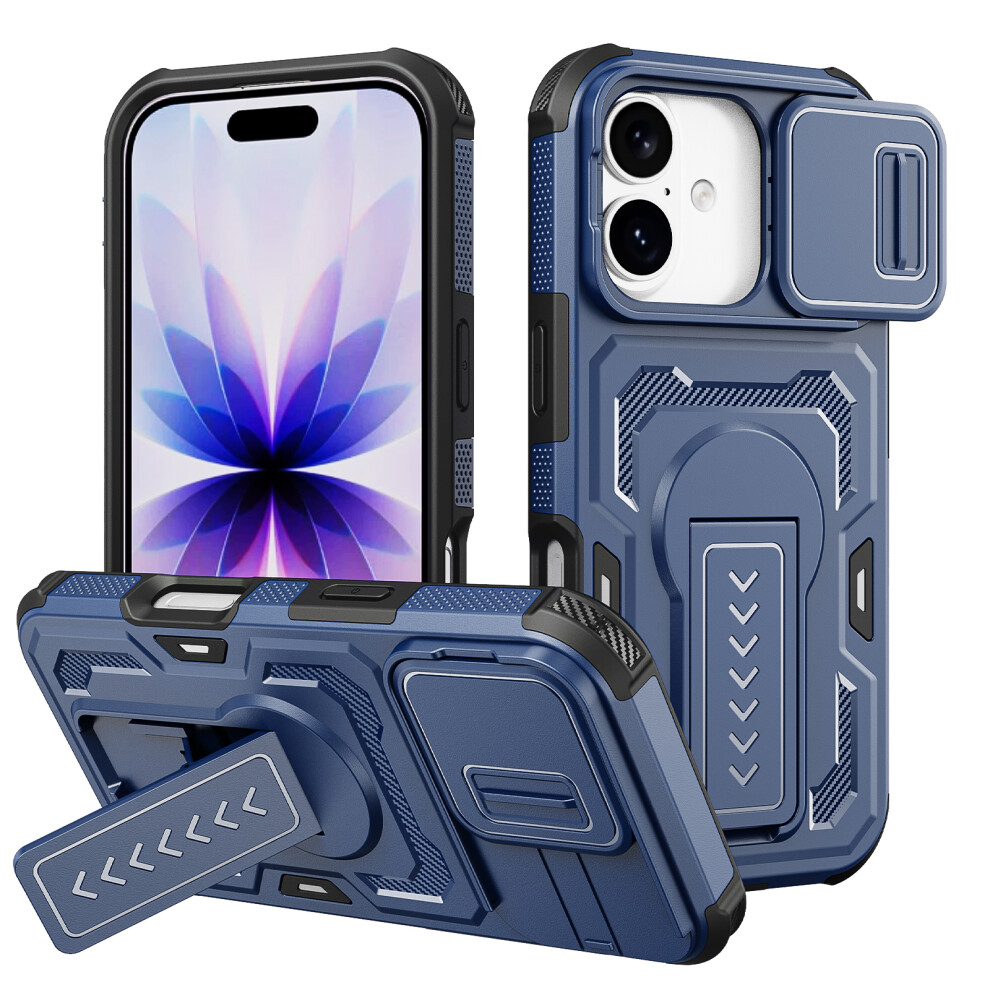 (Blue) For Iphone 17 / 16 Pro Case Slide Lens Shield Pc + Tpu Kickstand Phone Cover Blue 6914297043746