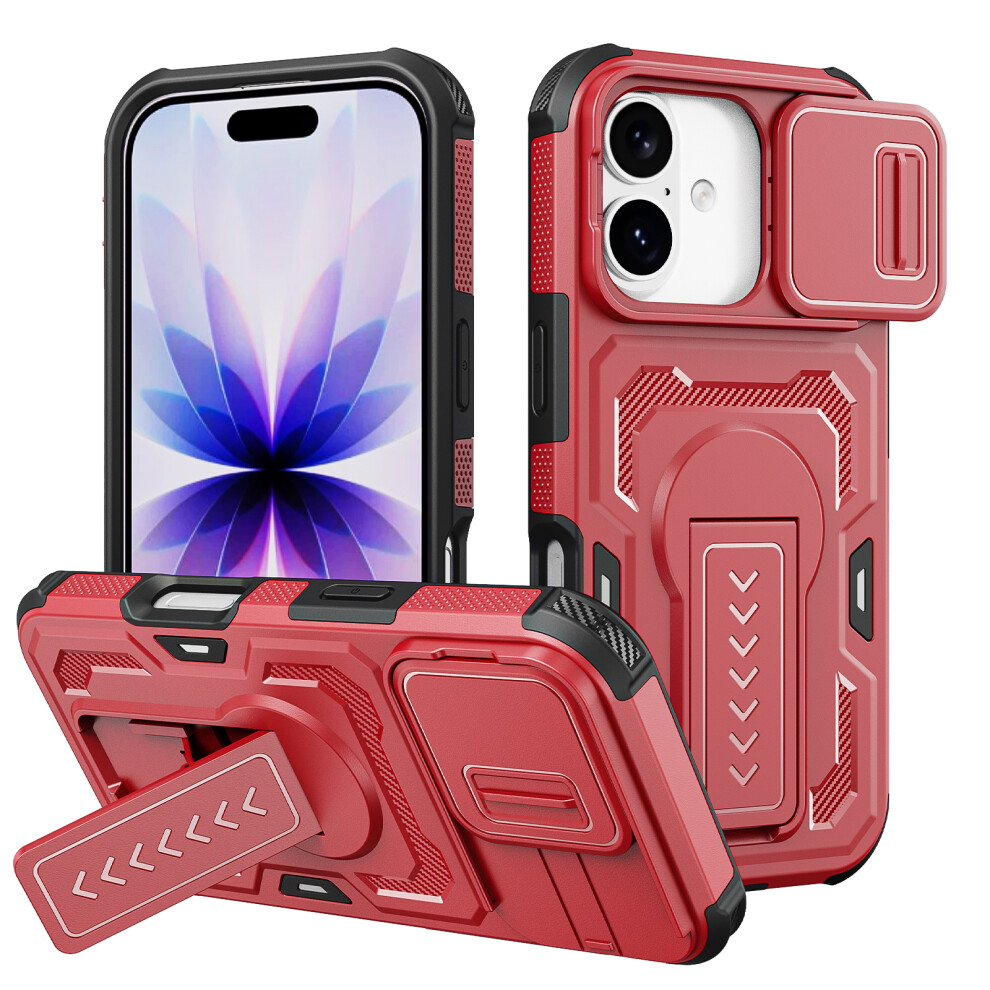 (Red) For Iphone 17 / 16 Pro Case Slide Lens Shield Pc + Tpu Kickstand Phone Cover Red 6914295214506