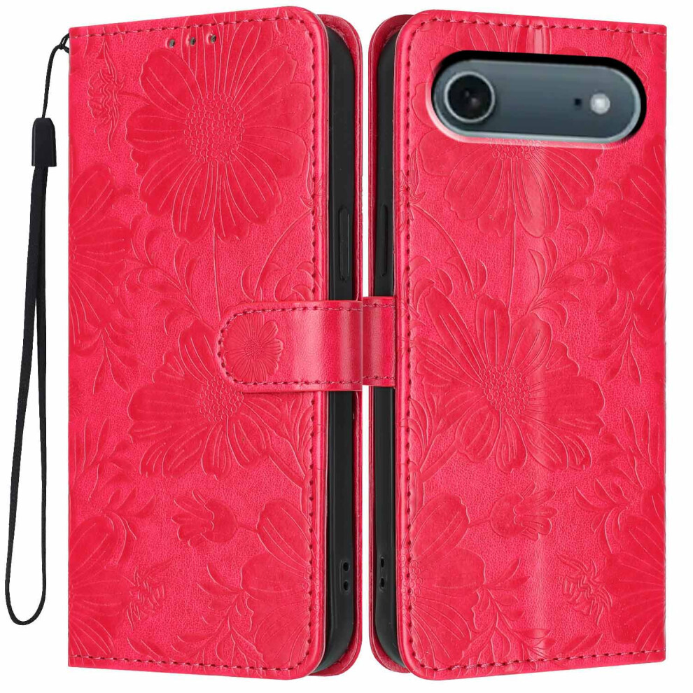 (Red) For Iphone Air Wallet Case Imprint Floral Pu Leather Stand Flip Phone Cover With Wrist Strap Red 6914297078915
