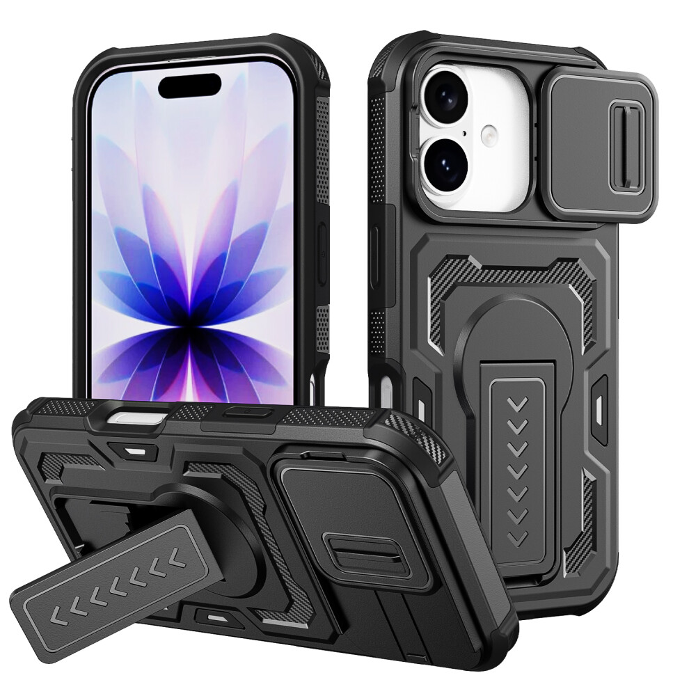 (Black) For Iphone 17 / 16 Pro Case Slide Lens Shield Pc + Tpu Kickstand Phone Cover Black 6914290599486