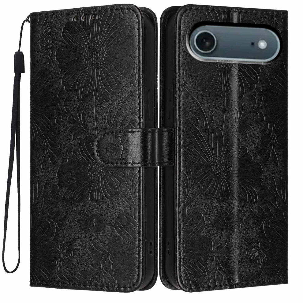 (Black) For Iphone Air Wallet Case Imprint Floral Pu Leather Stand Flip Phone Cover With Wrist Strap Black 6914294912779