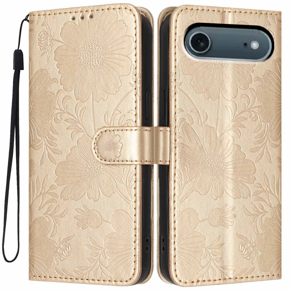 (Gold) For Iphone Air Wallet Case Imprint Floral Pu Leather Stand Flip Phone Cover With Wrist Strap Gold 6914294978010
