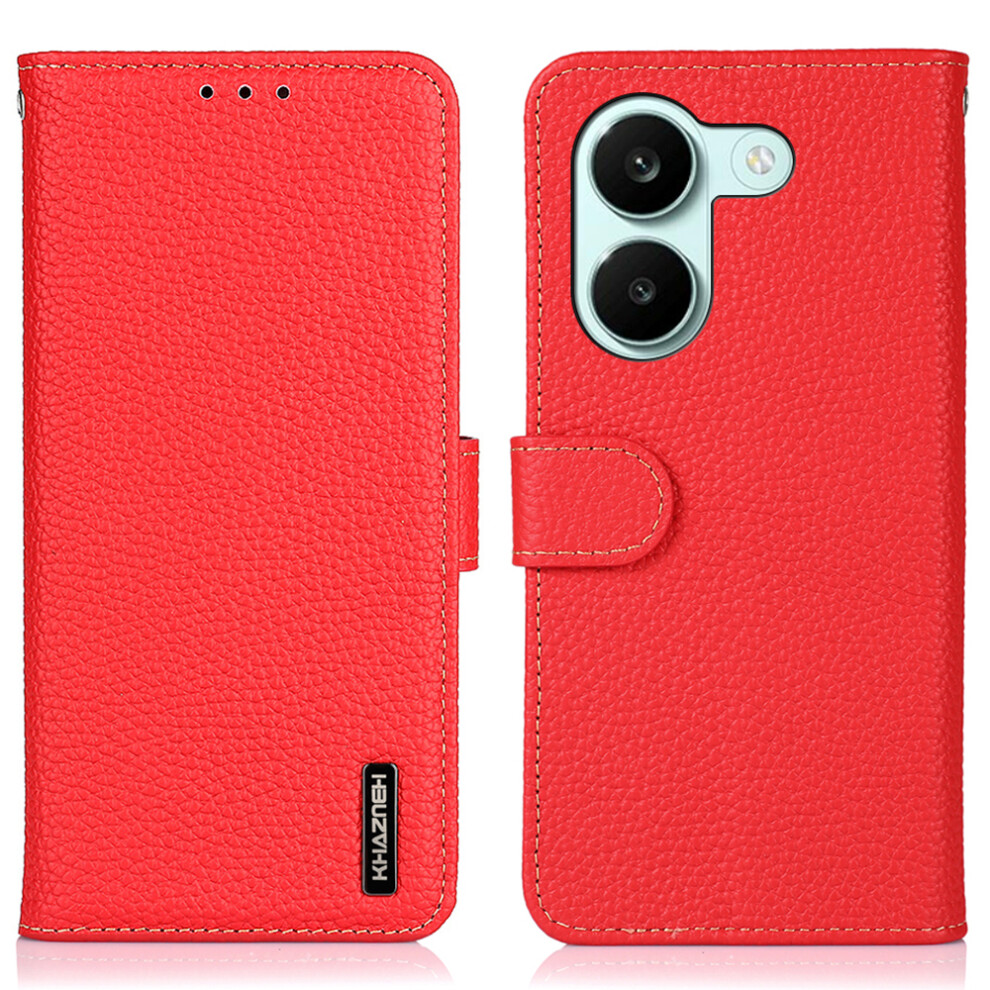 (Red) Khazneh For Xiaomi Mi Turbo 5 5G / Poco X8 Pro 5G Wallet Case Litchi Texture Genuine Cow Leather Flip Phone Cover Red 6914294857919