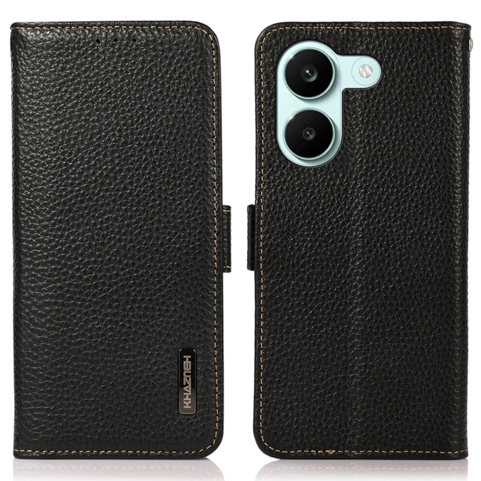 (Black) Khazneh For Xiaomi Poco X8 Pro 5G / Redmi Turbo 5 5G Phone Case Litchi Texture Genuine Cow Leather Cover Rfid Blocking Black 6914296065312