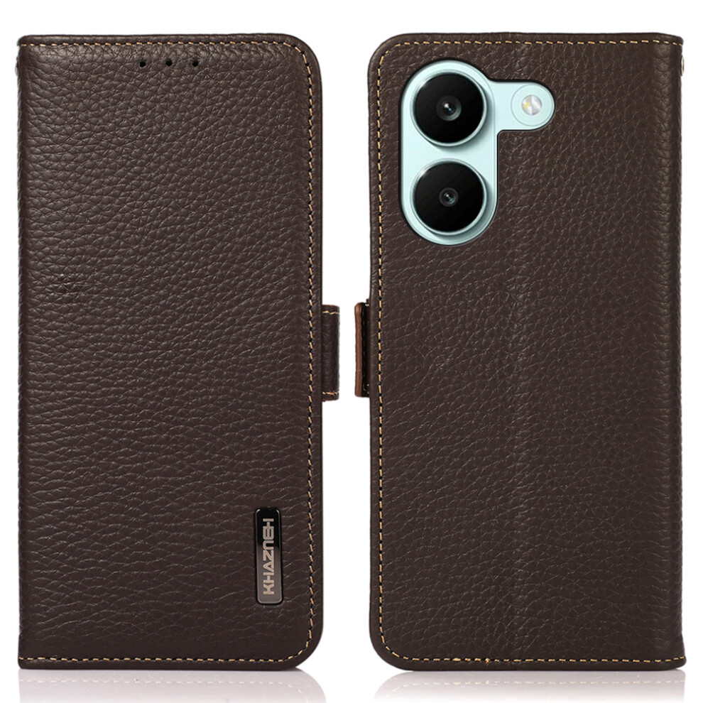 (Brown) Khazneh For Xiaomi Poco X8 Pro 5G / Redmi Turbo 5 5G Phone Case Litchi Texture Genuine Cow Leather Cover Rfid Blocking Brown 6914291751289