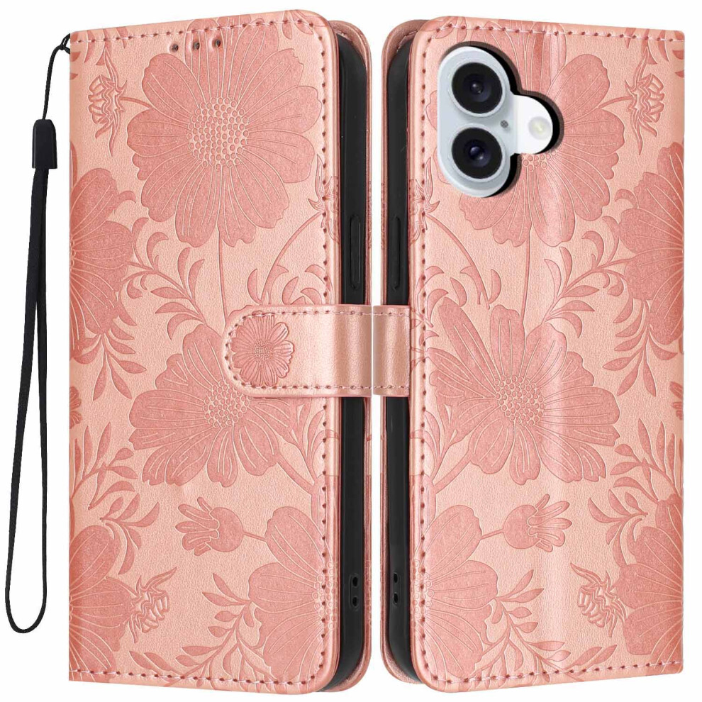 (Rose ) For Iphone 17 Wallet Case Imprint Floral Pu Leather Stand Flip Phone Cover With Wrist Strap Gold 6914290514878