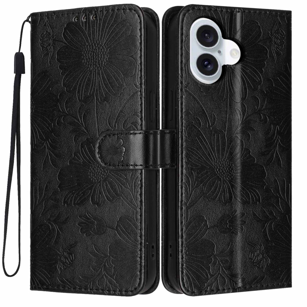 (Black) For Iphone 17 Wallet Case Imprint Floral Pu Leather Stand Flip Phone Cover With Wrist Strap Black 6914299228455