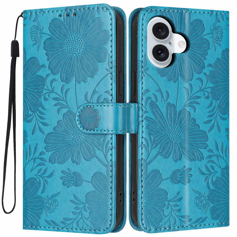 (Blue) For Iphone 17 Wallet Case Imprint Floral Pu Leather Stand Flip Phone Cover With Wrist Strap Blue 6914294746336