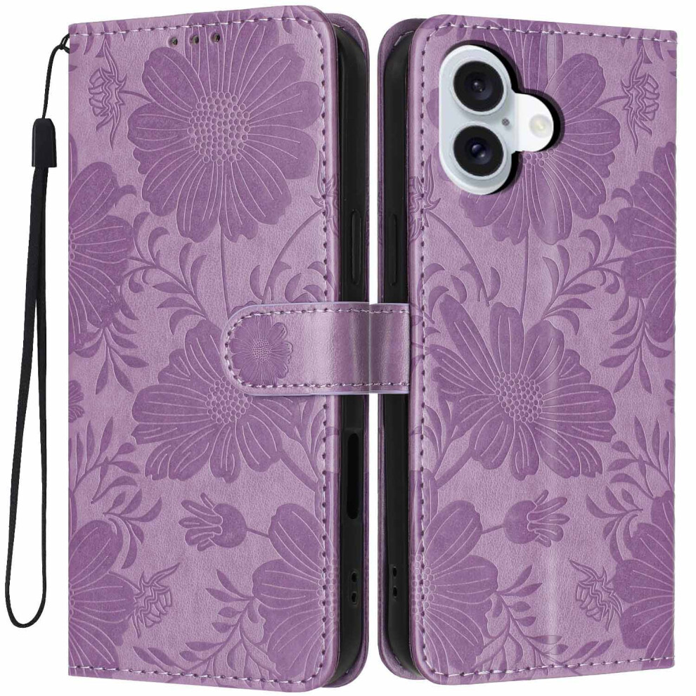 (Purple) For Iphone 17 Wallet Case Imprint Floral Pu Leather Stand Flip Phone Cover With Wrist Strap Purple 6914294831902