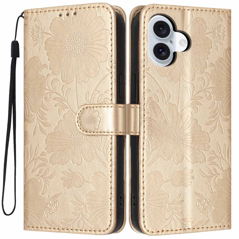 (Gold) For Iphone 17 Wallet Case Imprint Floral Pu Leather Stand Flip Phone Cover With Wrist Strap Gold 6914291066536