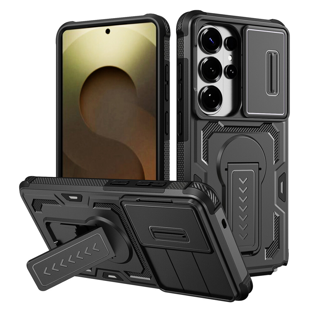 (Black) For Samsung Galaxy S26 Ultra Case Slide Lens Shield Pc + Tpu Kickstand Phone Cover Black 6914295071468